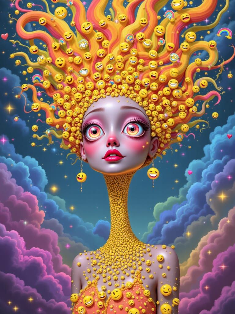 A surreal portrait of a woman with distorted, asymmetrical facial features, big mischievous eyes that sparkle like digital screens, and an e...