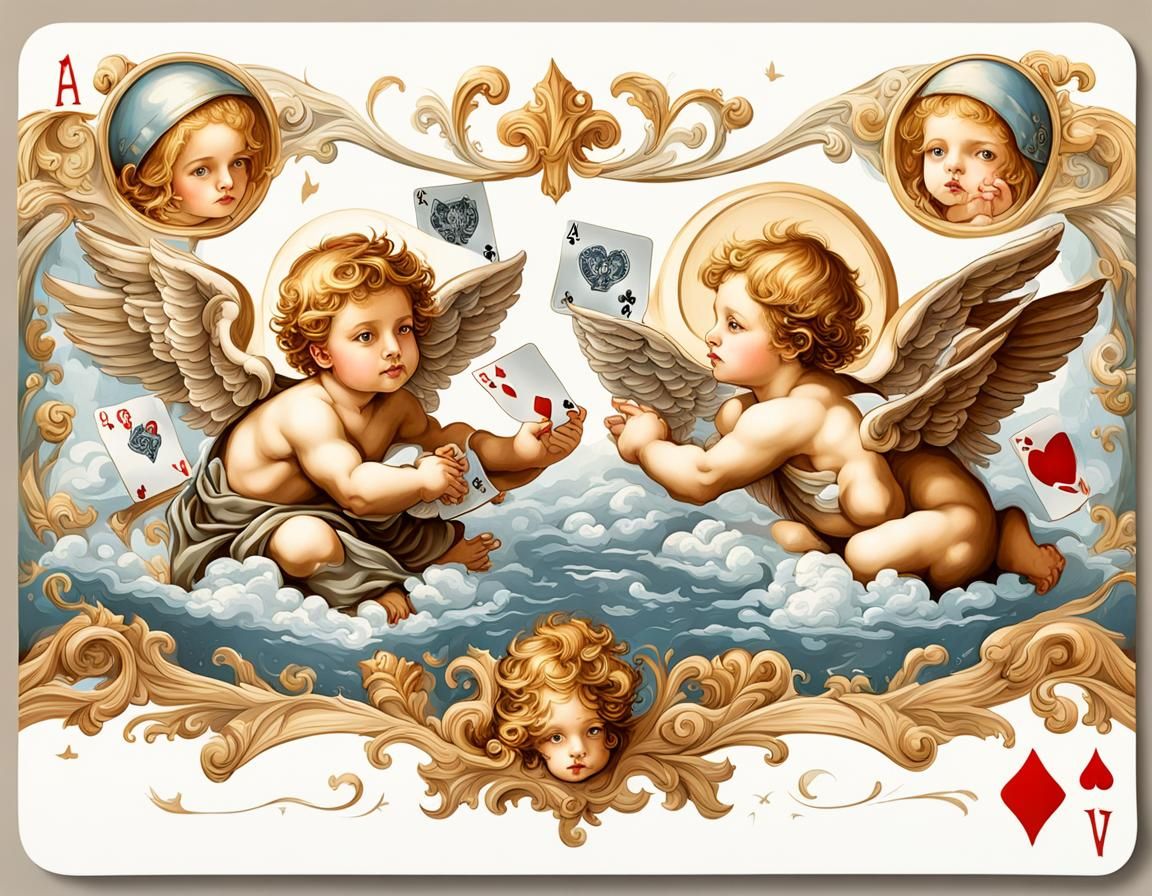 cherubs  playing cards on a break from working in heaven, do...