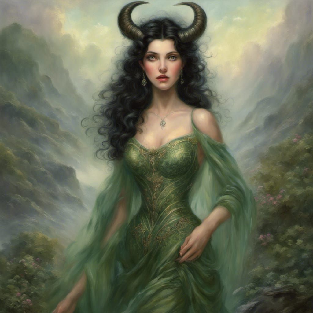Gorgeous slender woman with black hair and green eyes. Full lips. Medium sized horns at the center top of her head.