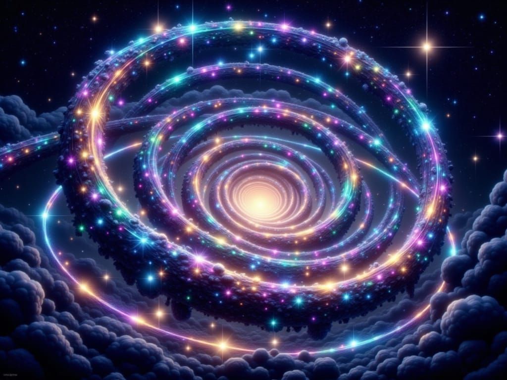 Sky spirals of electric light circle the Star of the show a beauty to behold <lora:Holograph Starlight:1.0>