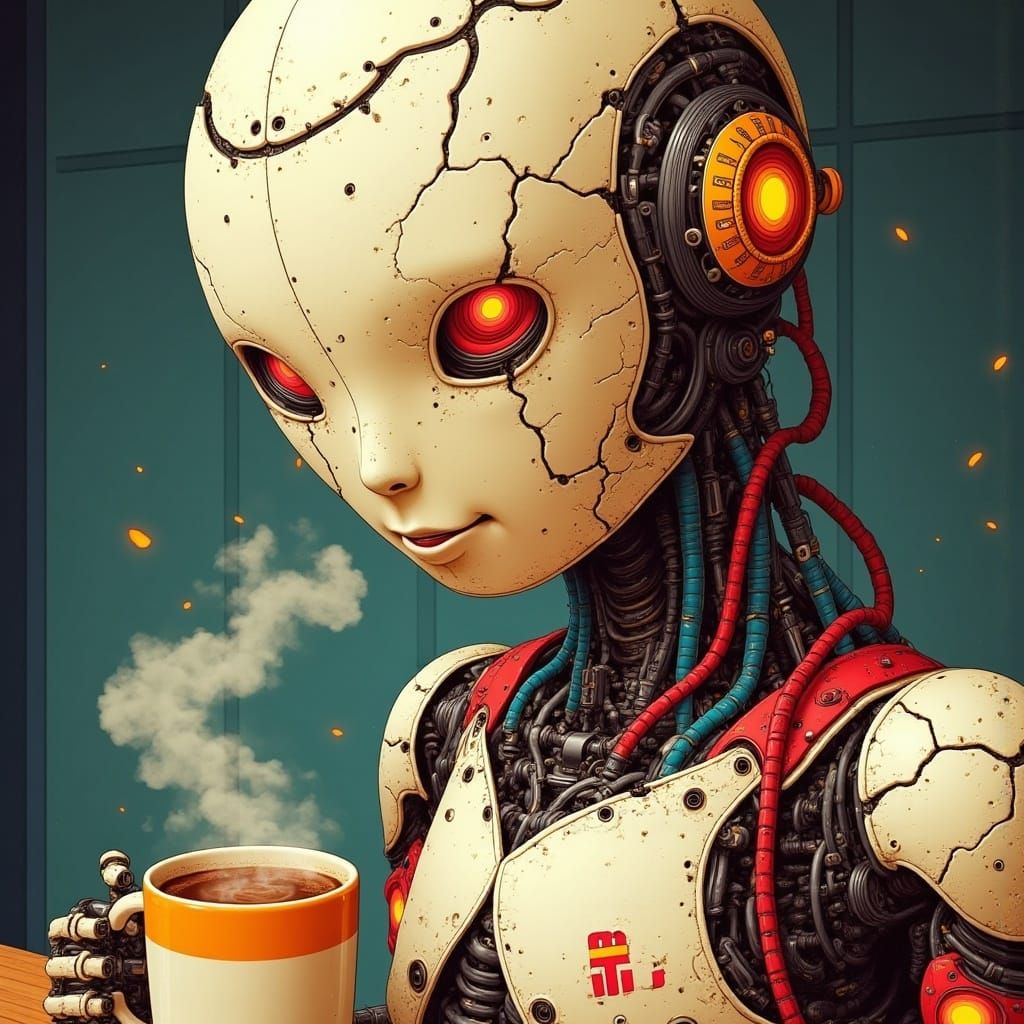 <lora:No Coffee 4 Androids:1.0>
A malfunctioning and sparking  android is smiling while holding a coffee cup
