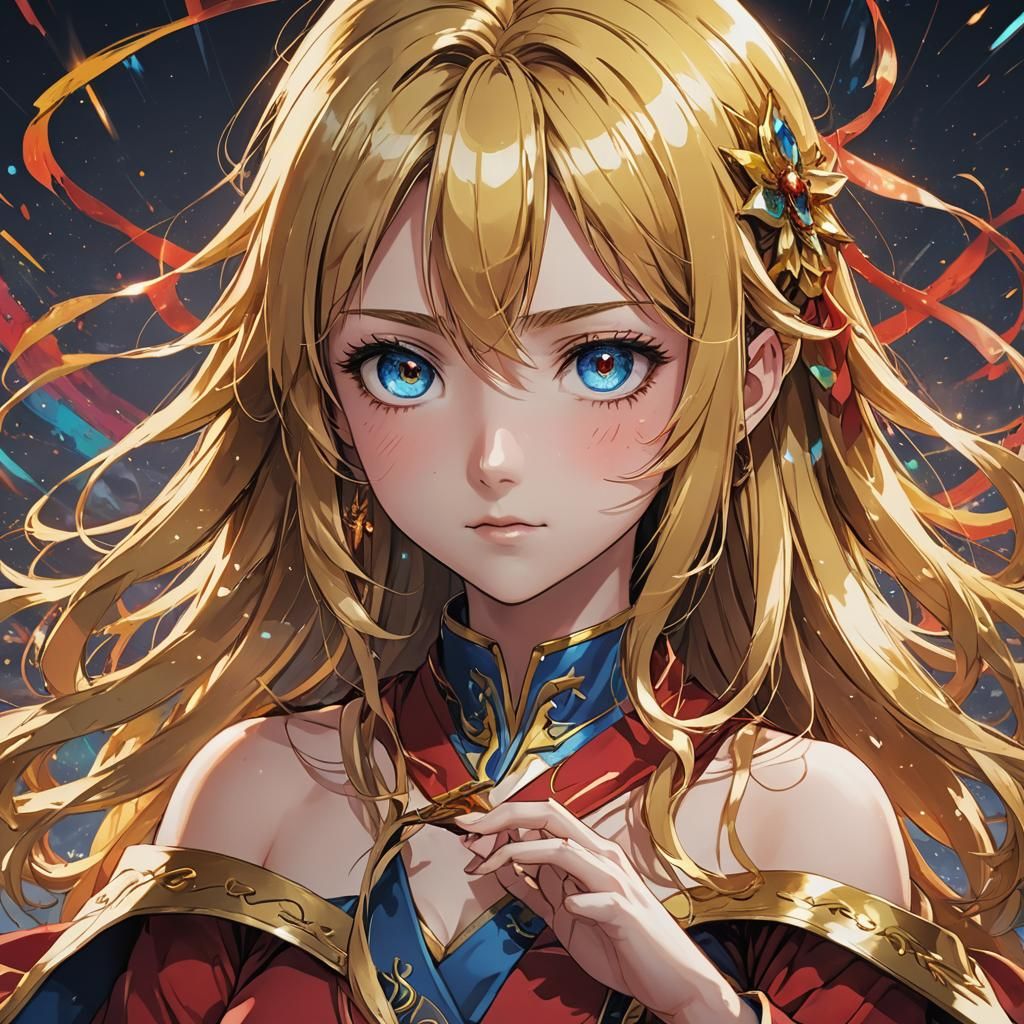 Rainbow eyes, golden hair, red robes