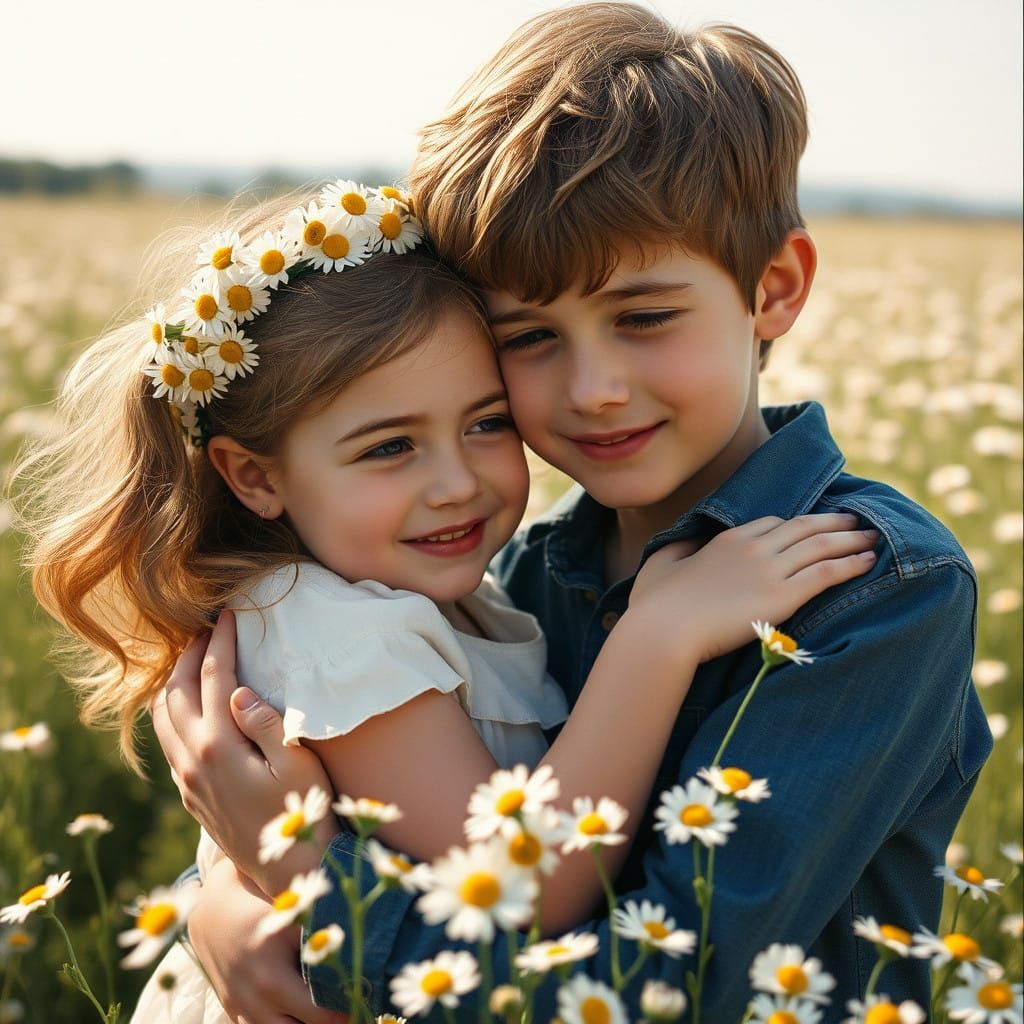 A handsome little boy hugging a lovely little girl in a wreath of chamomiles in the flowering field in ...  by @esmirquinn