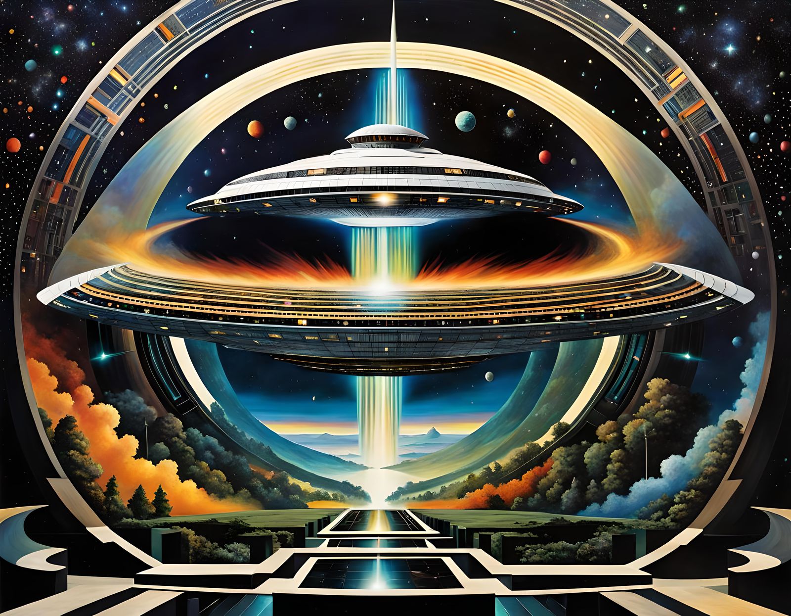 vortex captured, art deco spaceship, space nebula, retroSF, ...