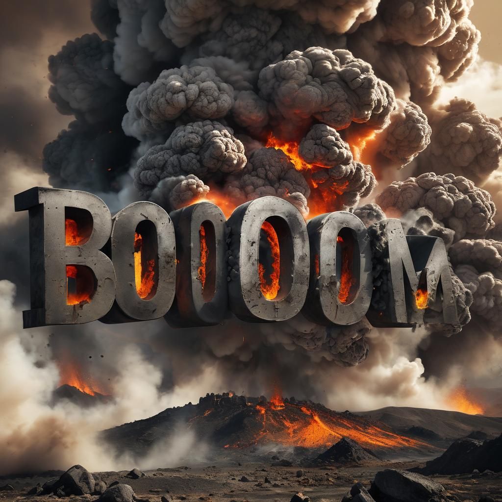 The word "Boom!" spelled out in the smoke from an erupting v...