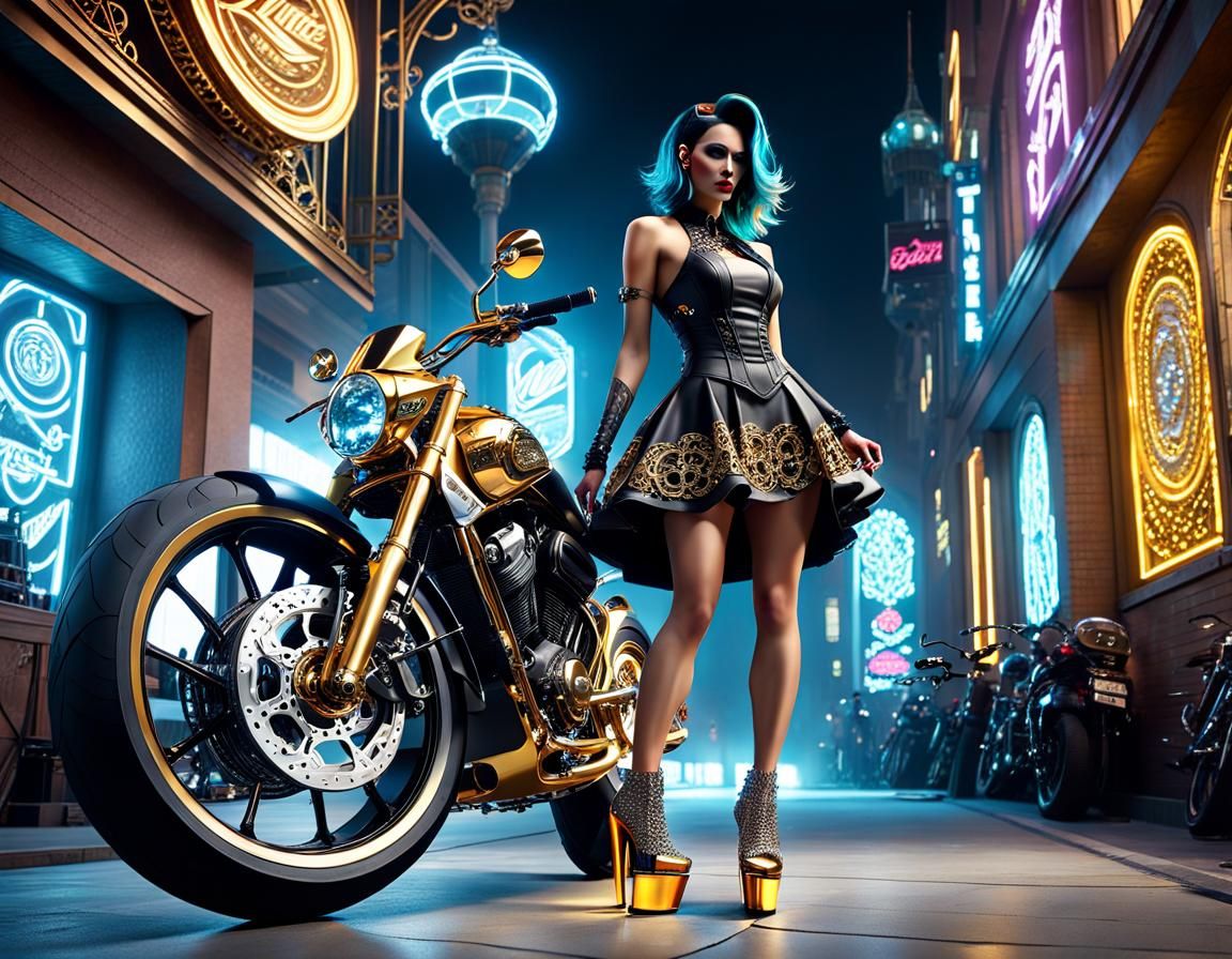 Motorcycle Goth Girl in Solarpunk Style