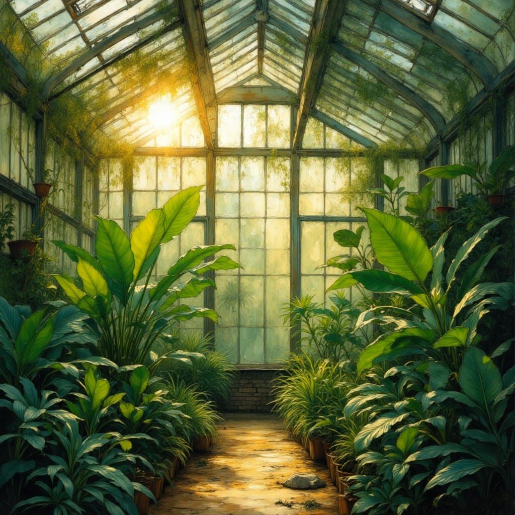 Lush Greenhouse with Luminous Plants in Golden Hour Light