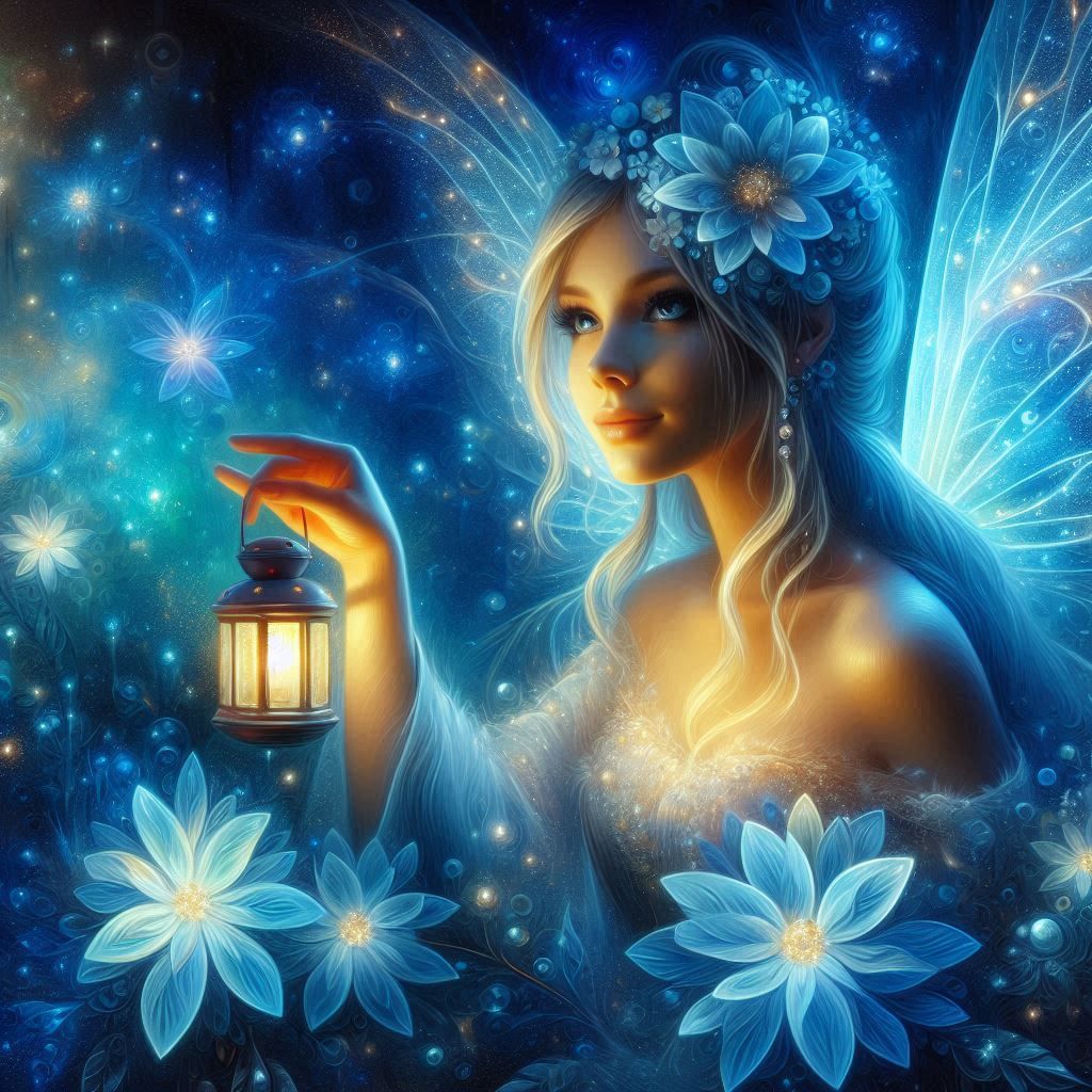 Fairy with a Lantern between Blue Fantasy Lighting Blossoms