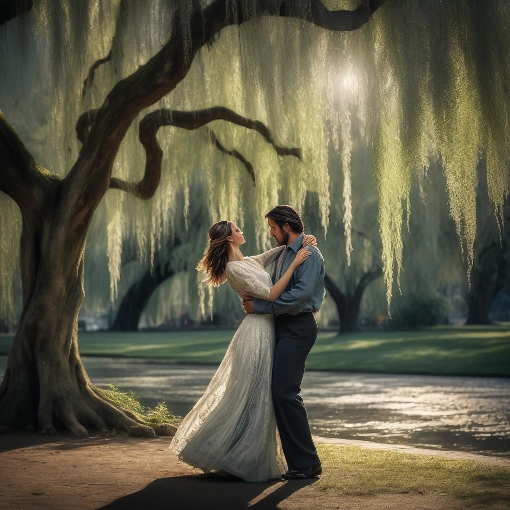 Hyperrealistic image of a <dancing romantic couple> a gorgeous young man and beautiful BIOPIC young woman dance close under a magical weepin...