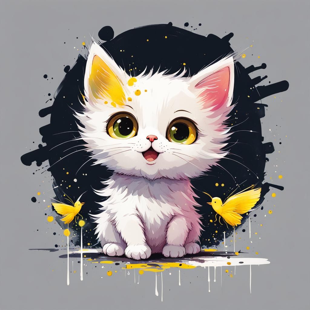 Adorable Cartoon Cat with Yellow Wings in Watercolor