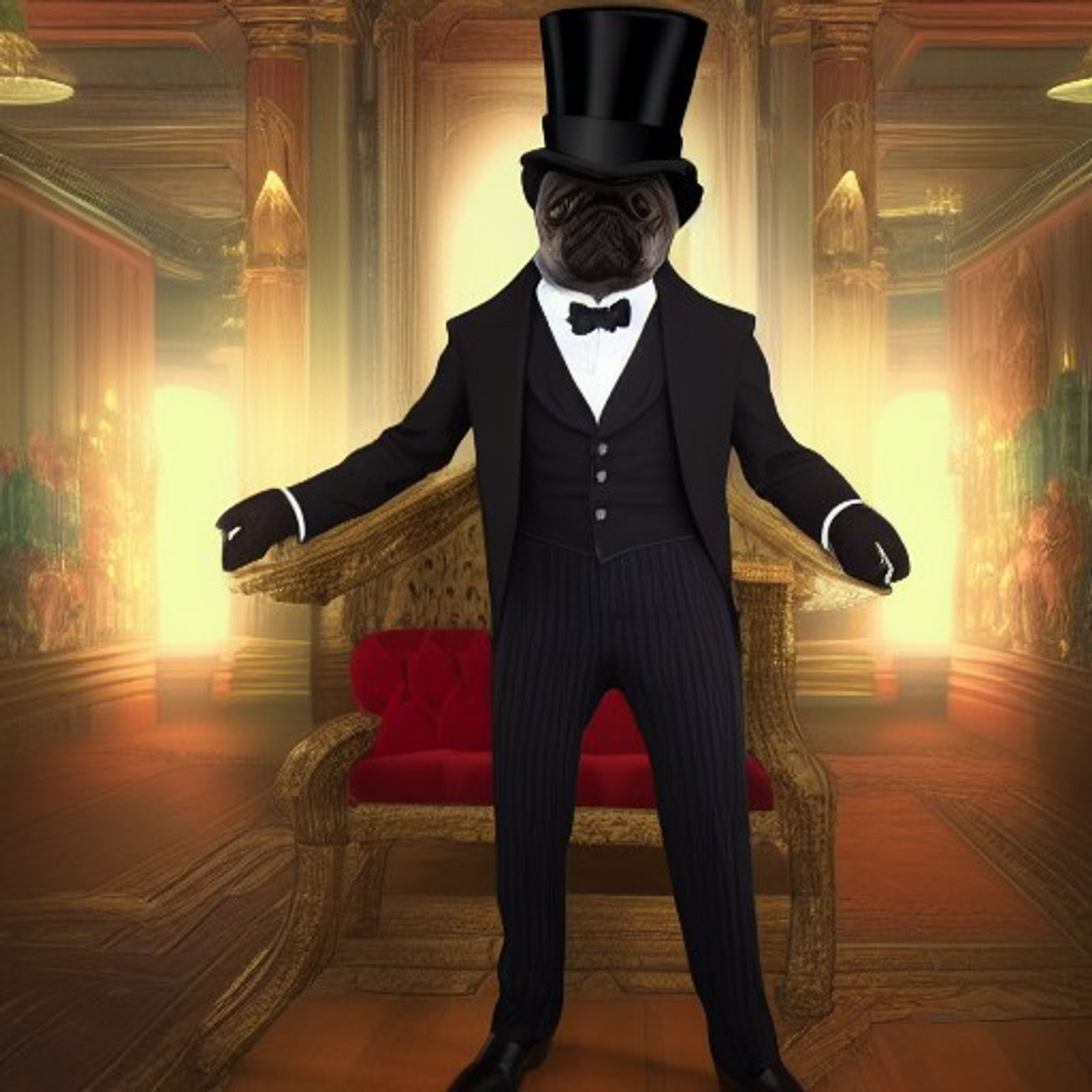 pug with a top hat and a suit AI Generated Artwork NightCafe Creator