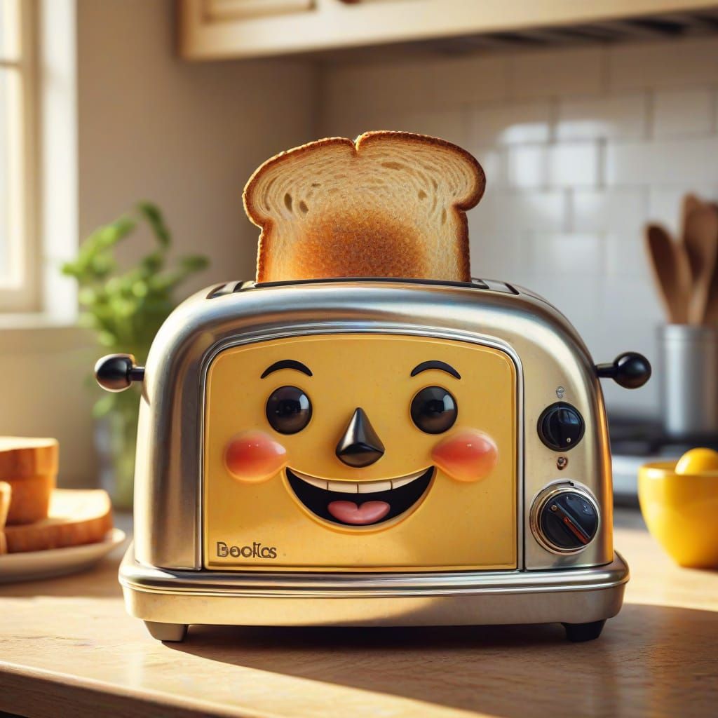 A vintage toaster with a cheerful, anthropomorphic face, popping up perfectly golden toast. It sits on ...  by @Shuttleskipper