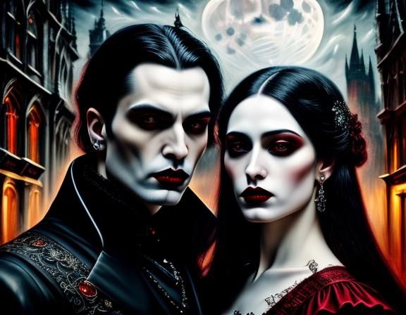 <lora:Dark gothic vampires:0.7> Insanely detailed oil painting close Up portrait of a (beautiful:1.4), gothic vampire couple in the street,...