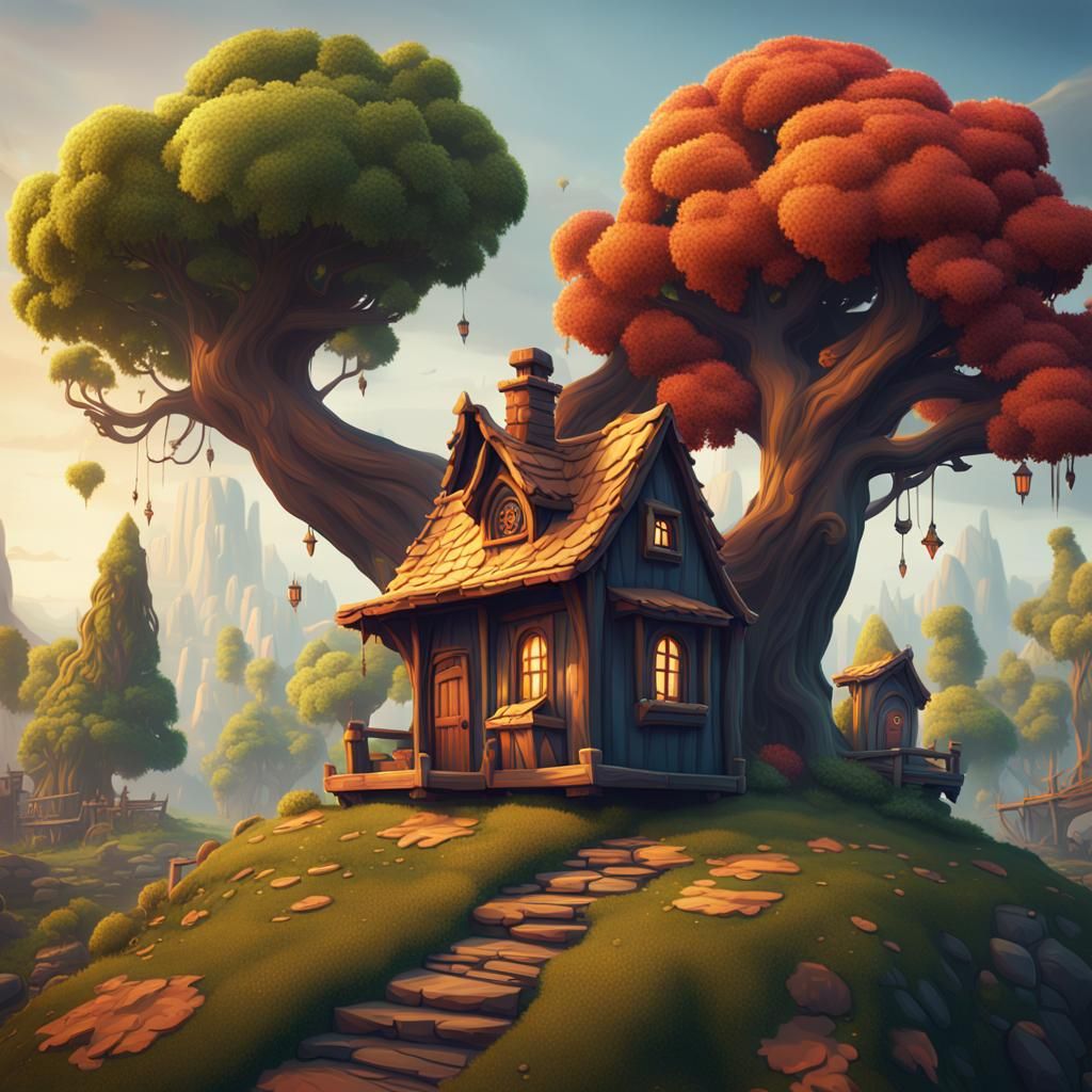 Stylized game asset which composed of a small house and tree...