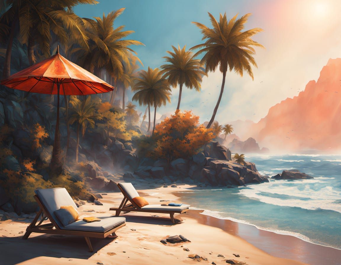 Digital watercolor Illustration of a vibrant beach scene with sunbathers lounging on the golden sand, ...  by @haightash wong