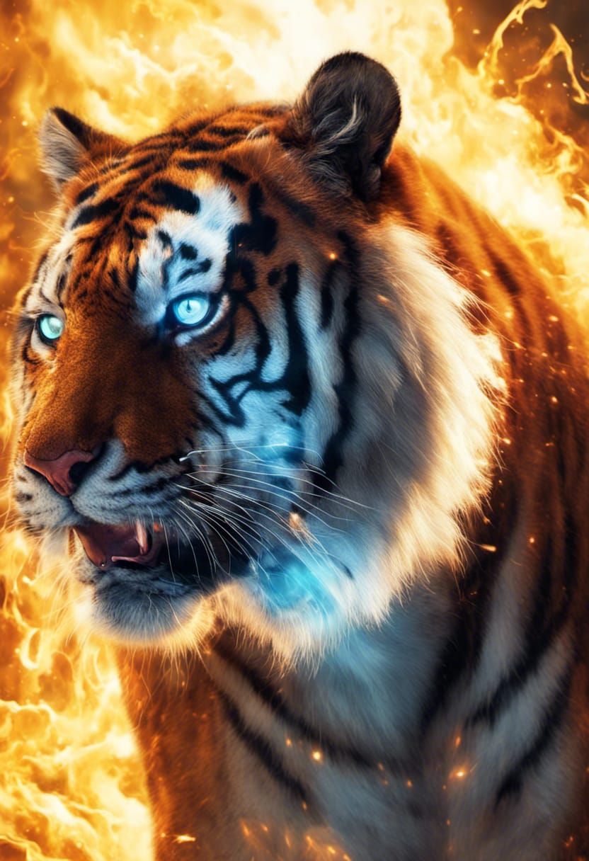 Photograph of Obese Tiger, emanating blue eyes, fire explodi...