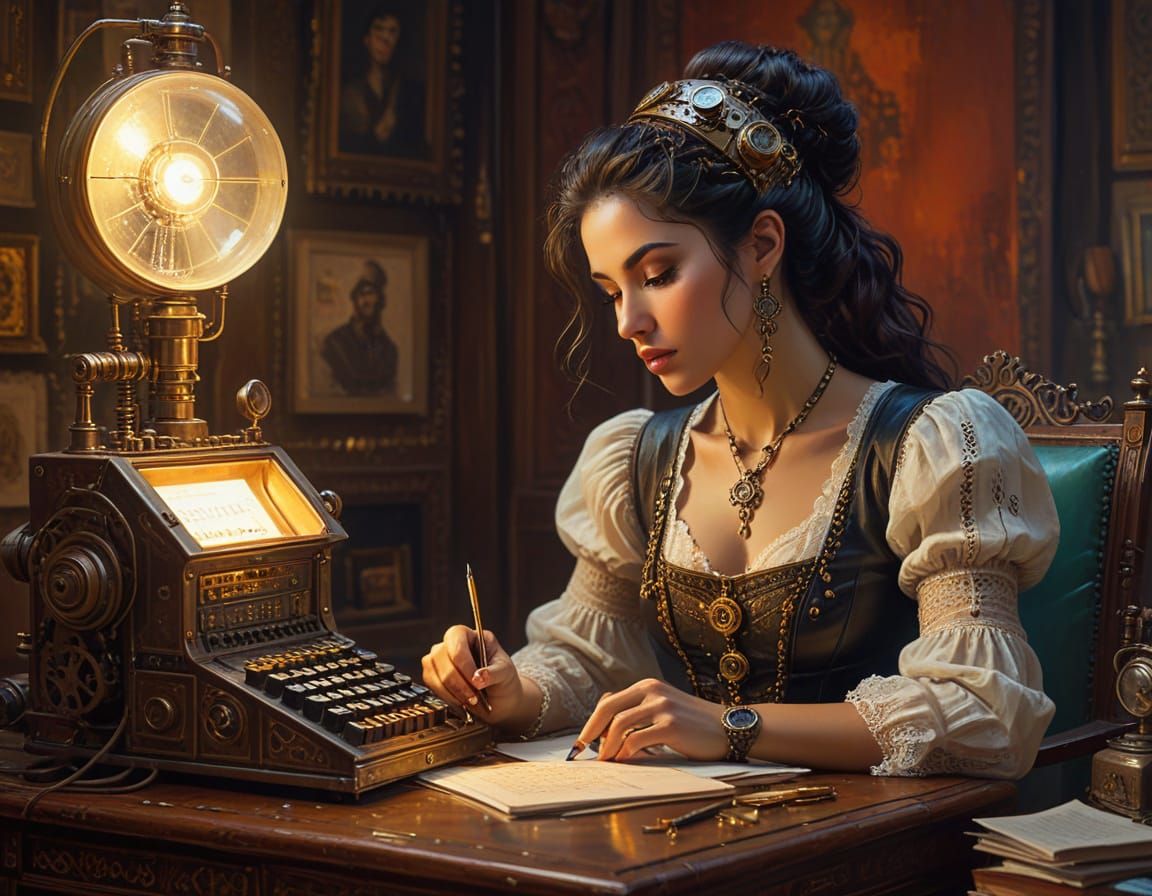 Steampunk Actuary, Crunching the Numbers with Her Desktop Calculator.