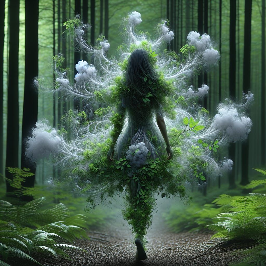 Girl made of mist walking in a green green forest, wispy, et...