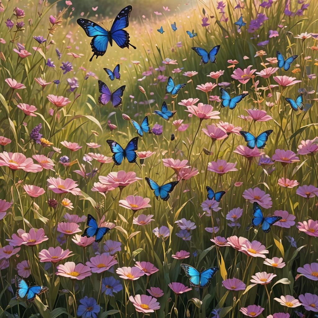 Fantasy Landscape with Flowers and Butterflies