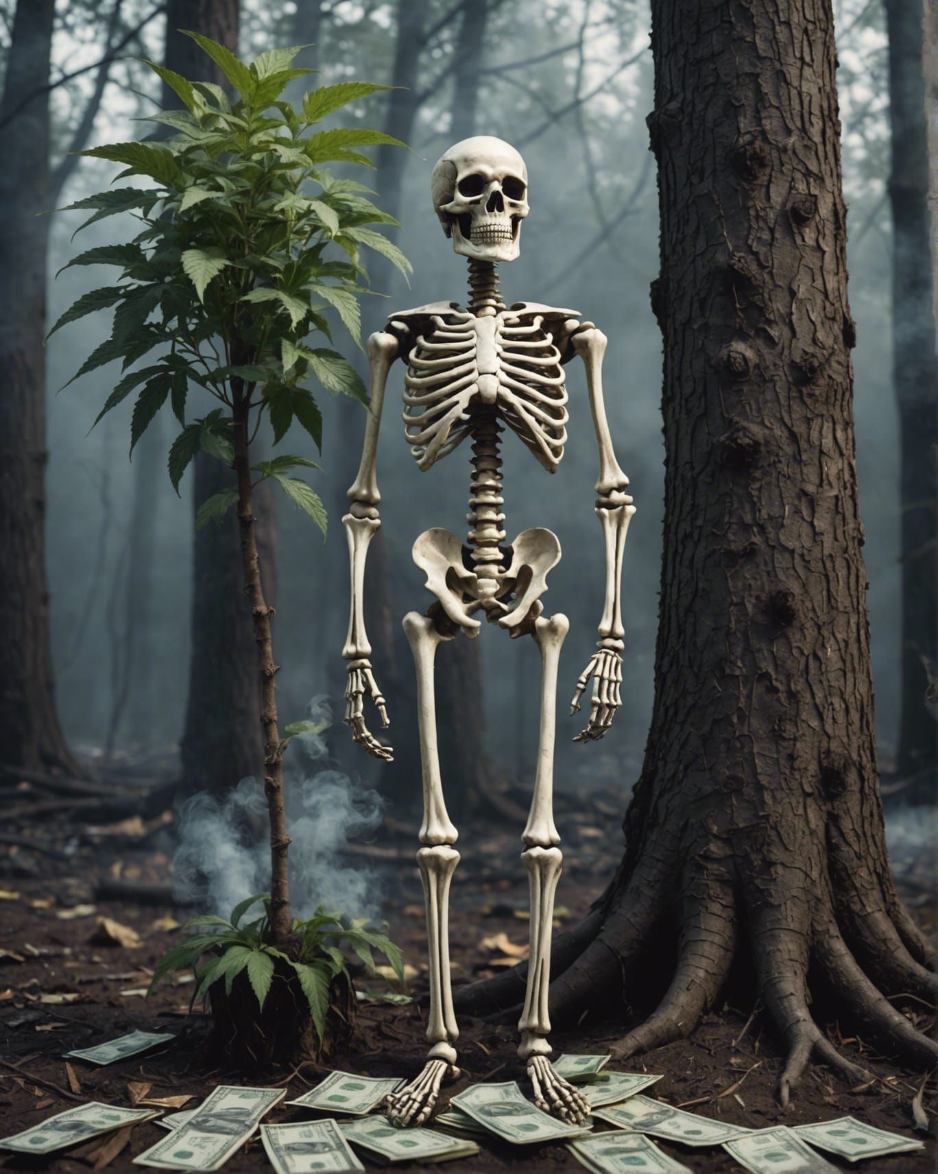 Skeleton standing by tree of money , moody smoke weed