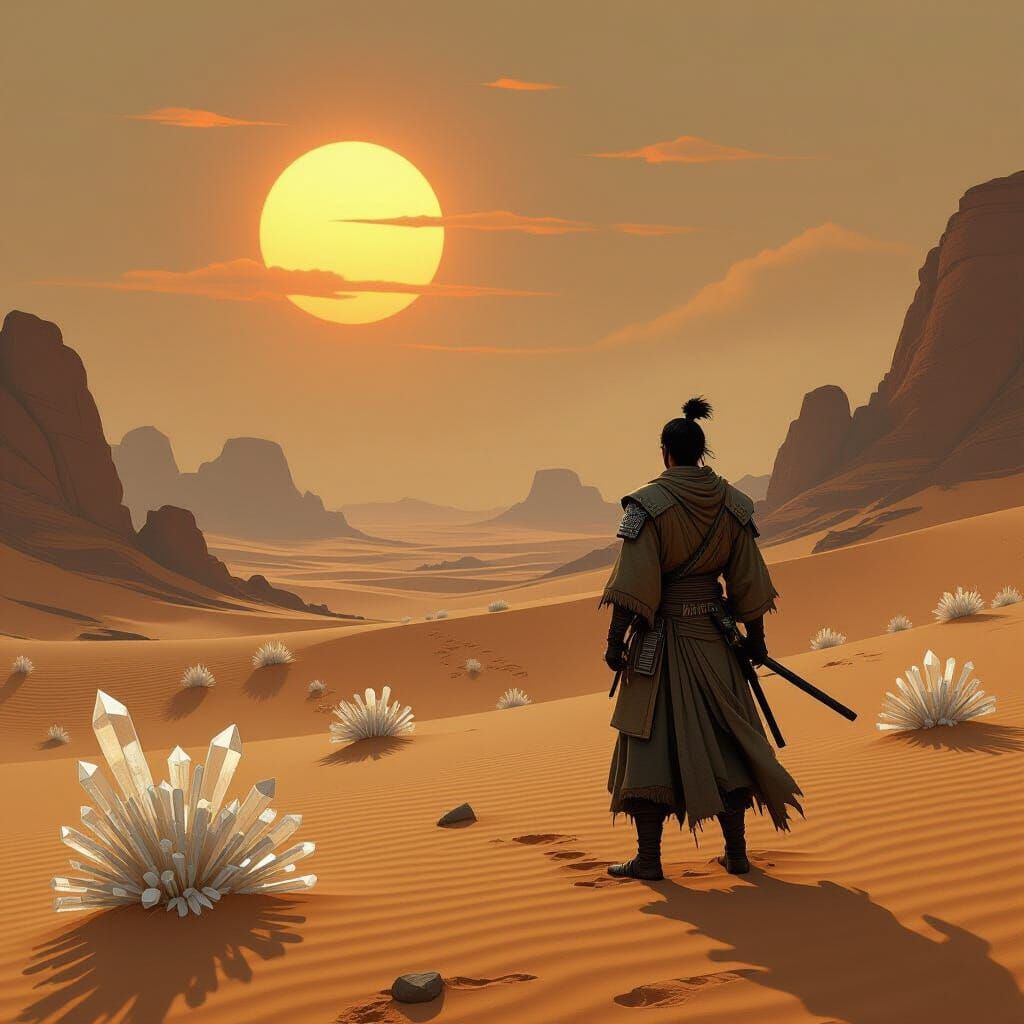Lone Samurai on Alien Dunescape at Sunset