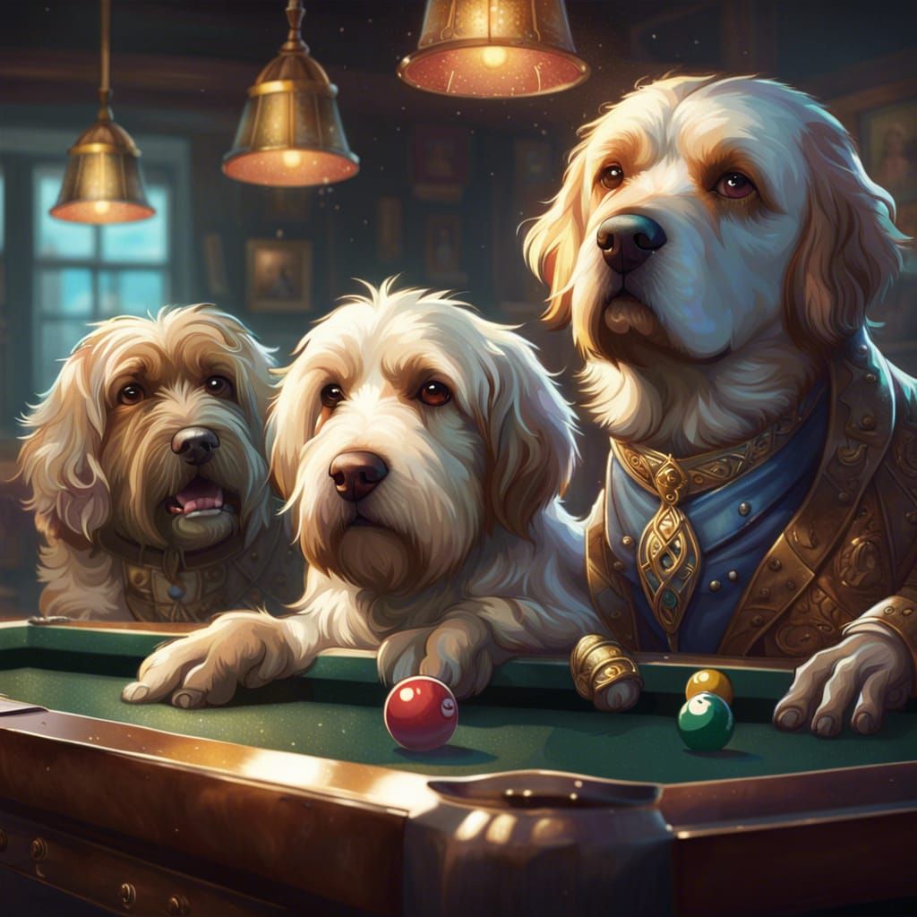 Glitter Dogs Playing Billiards: Hyperdetailed Art Portrait