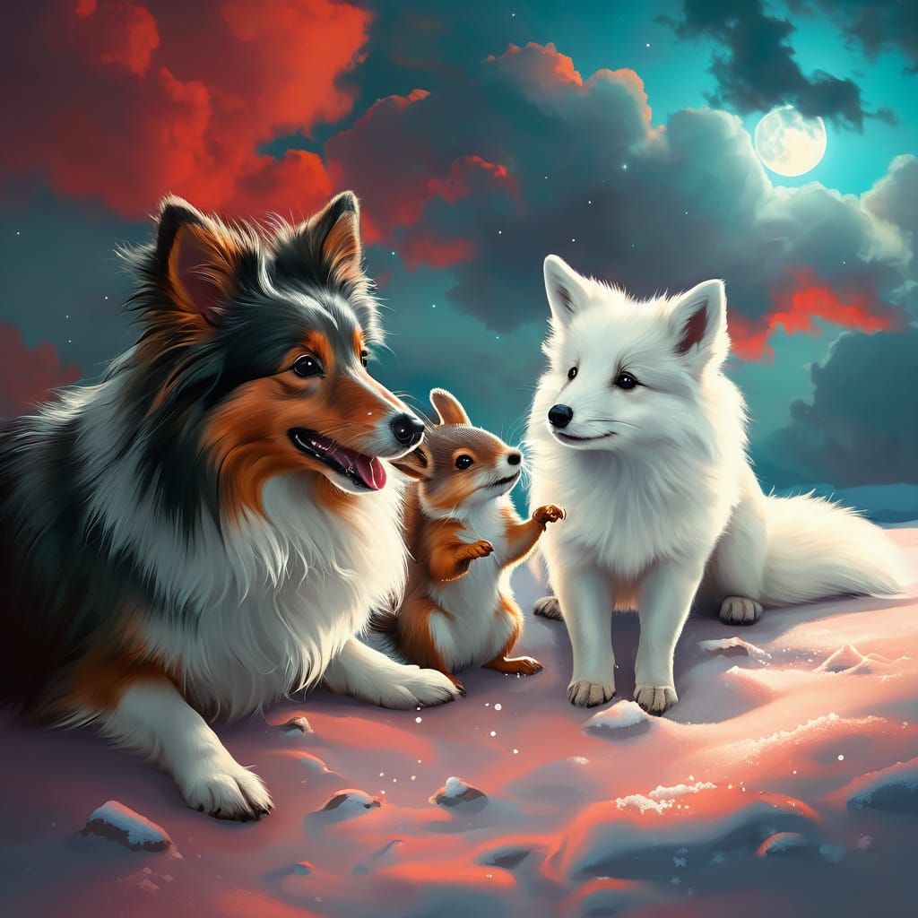 a Sheltie, Squirrel, White Arctic Fox are rejoice to playing together