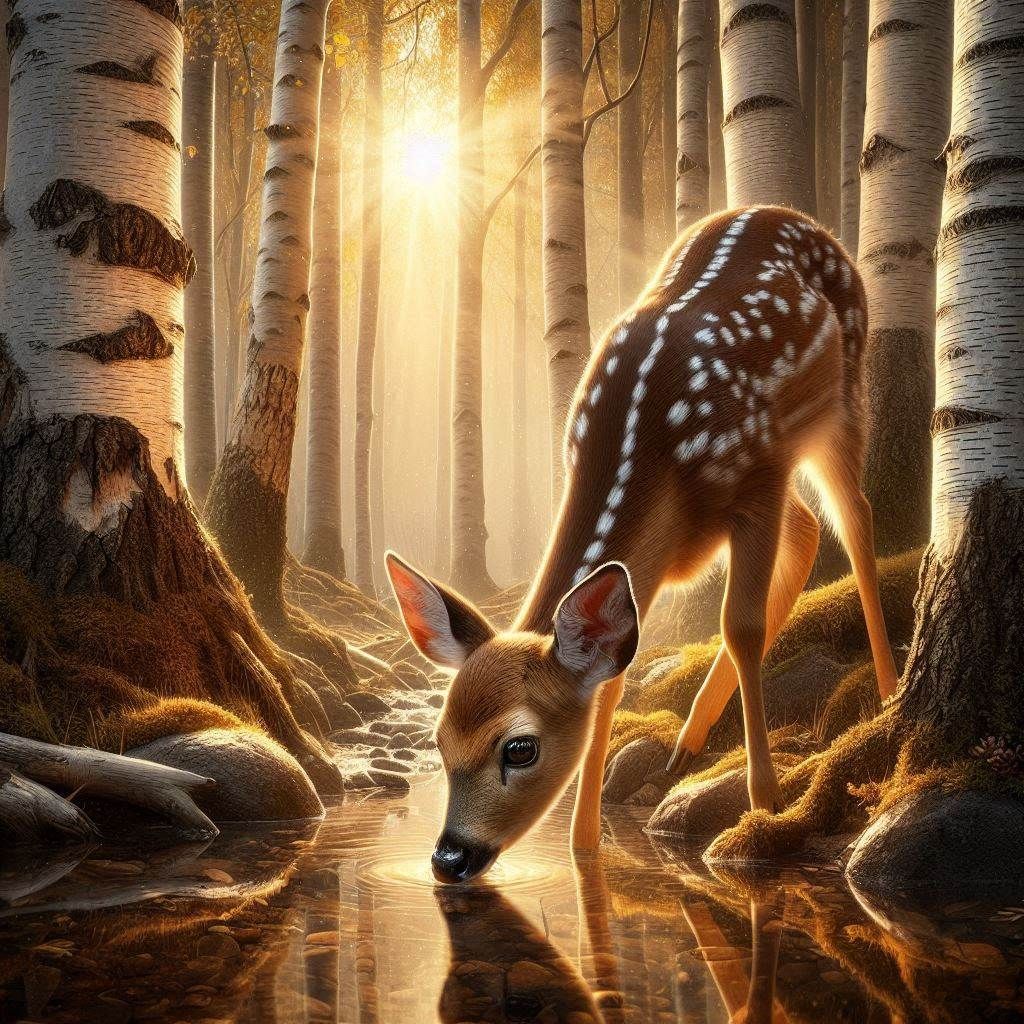 Baby Fawn drinking in a stream