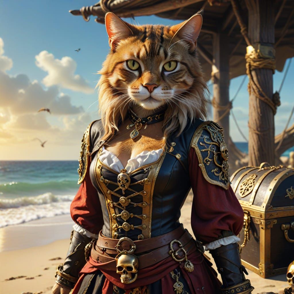 Elegant Feline Pirate Treasure Hunt on Sandy Beach
