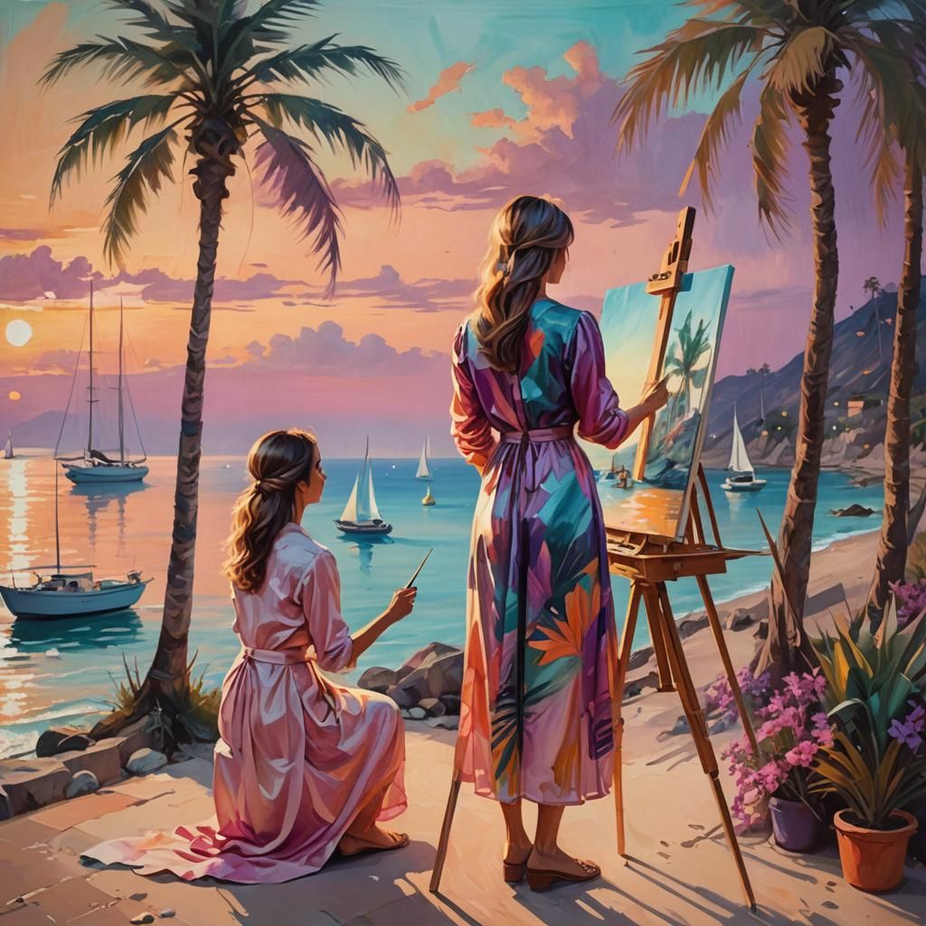 Femme artiste peintre peignant une toile de paysage champêtr...