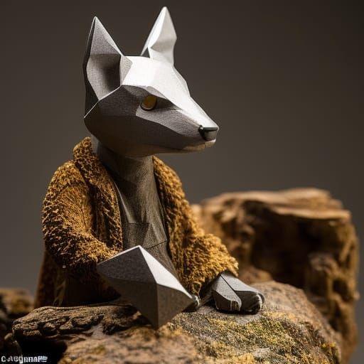 A figurine of a papier-mâché hare, and next to it an origami wolf cub - it’s so hard on the soul, and ...  by @Clau_Pt_Vampire