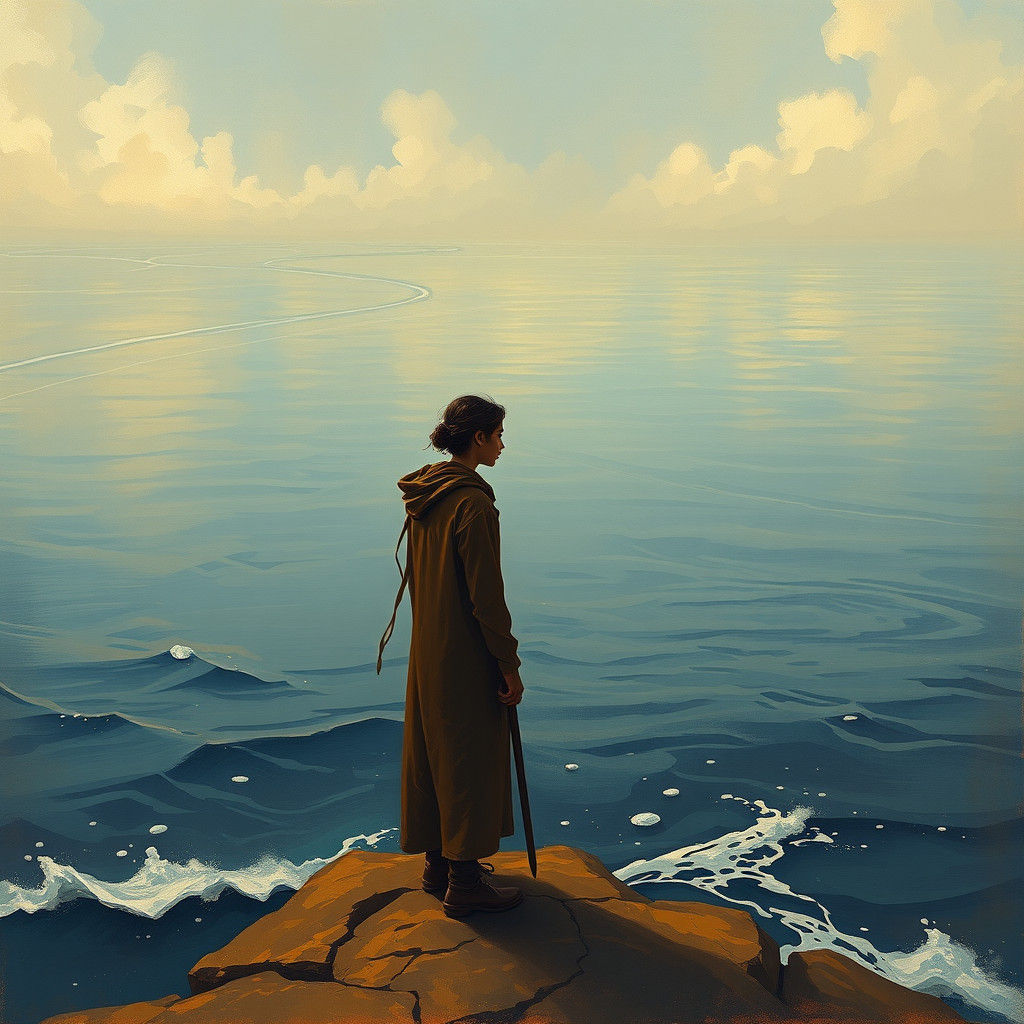 Melancholic Figure at Ocean's Edge: Post-Impressionistic Art