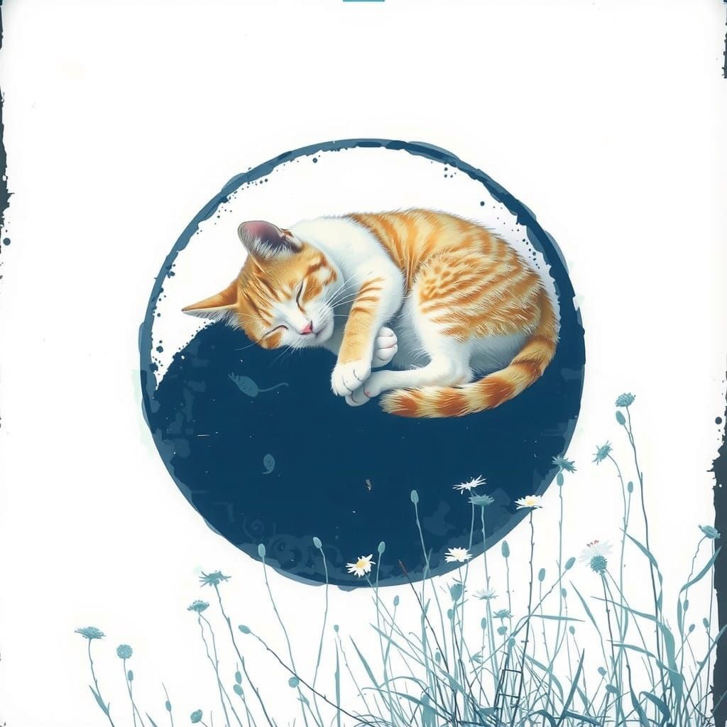 Whimsical Cat Slumbers Within Yin Yang
