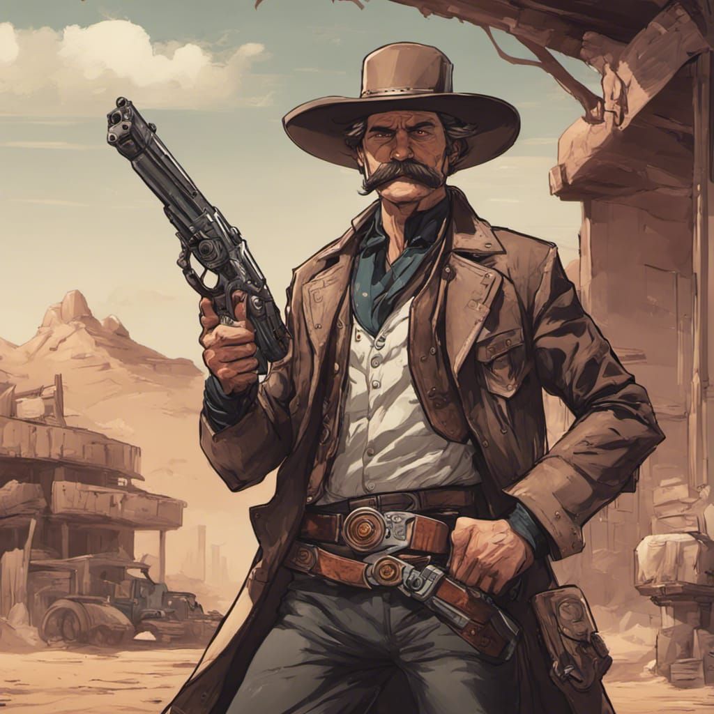 A western themed sci-fi gunslinger with dual blaster pistols, a full ...