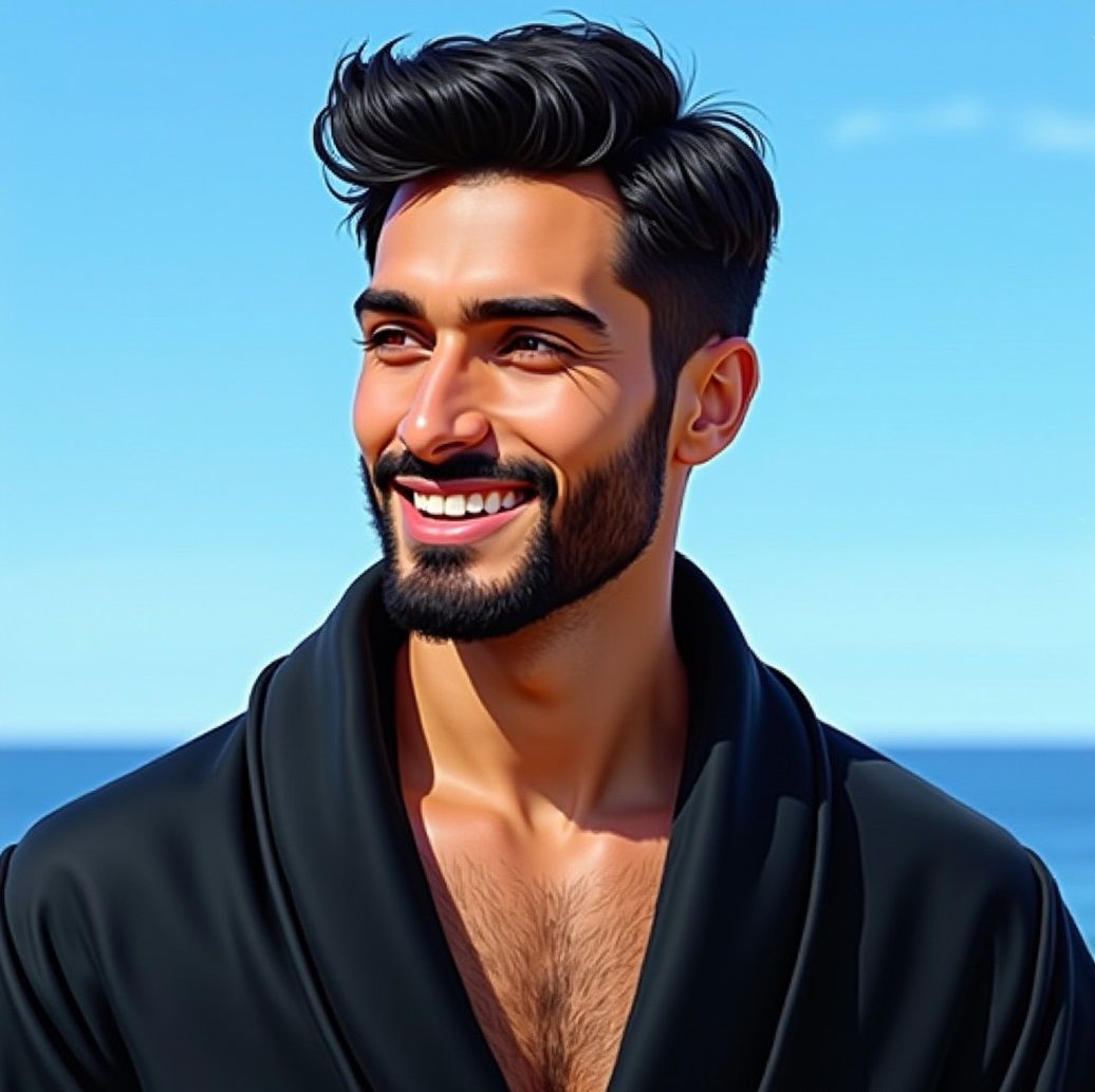A handsome bearded man  wearing a black bathrobe