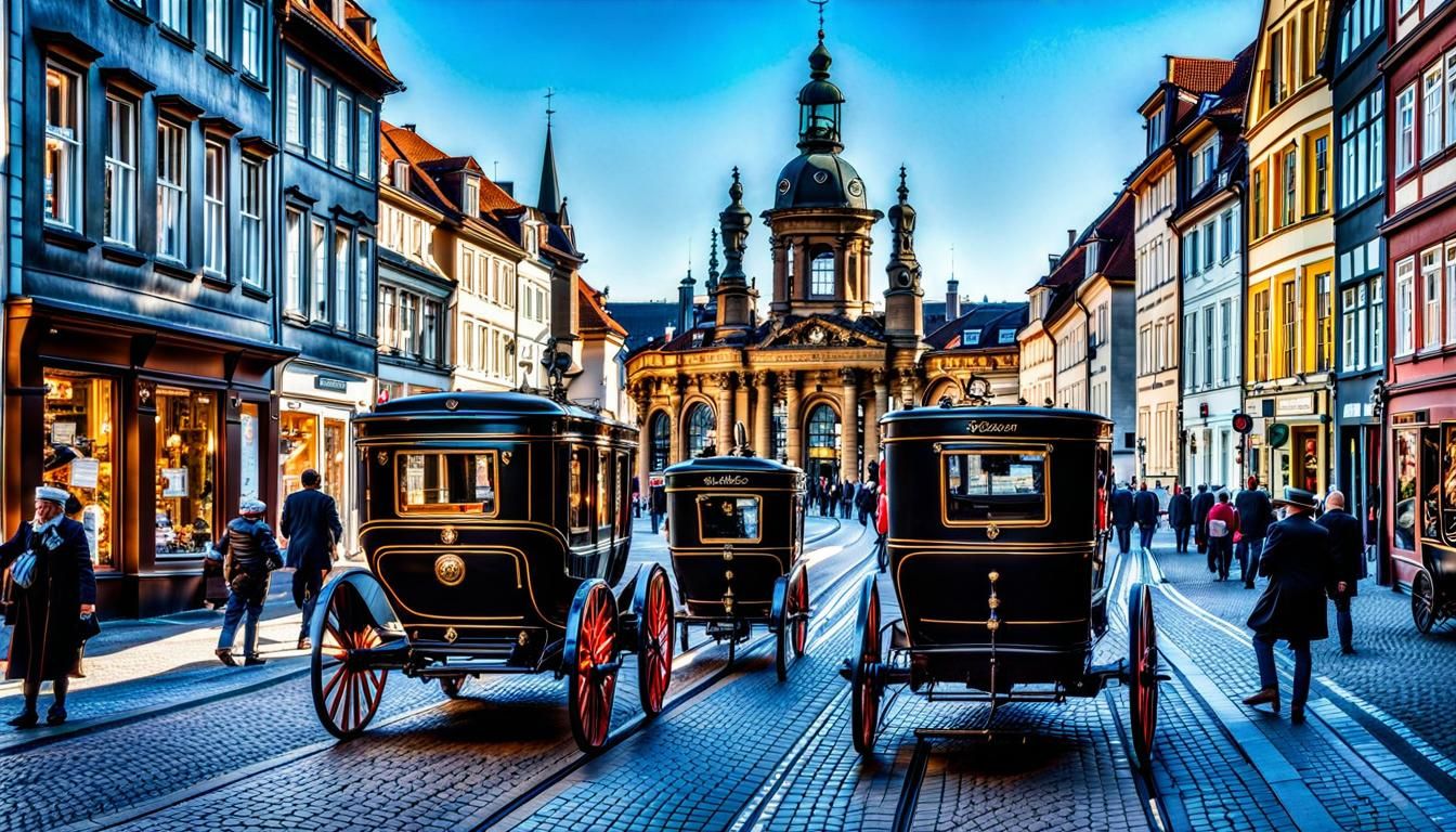 Stuttgart main street 18-19 centuries, life in the city, carriages go ...