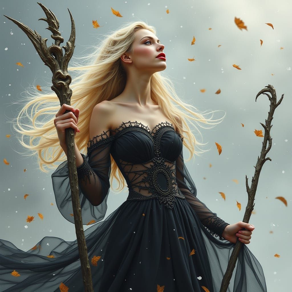 <lora:Retro Chic Reverie:0.5> A head to waist watercolor portrait of an incredibly beautiful Norse Goddess holding an ornate staff, casting...