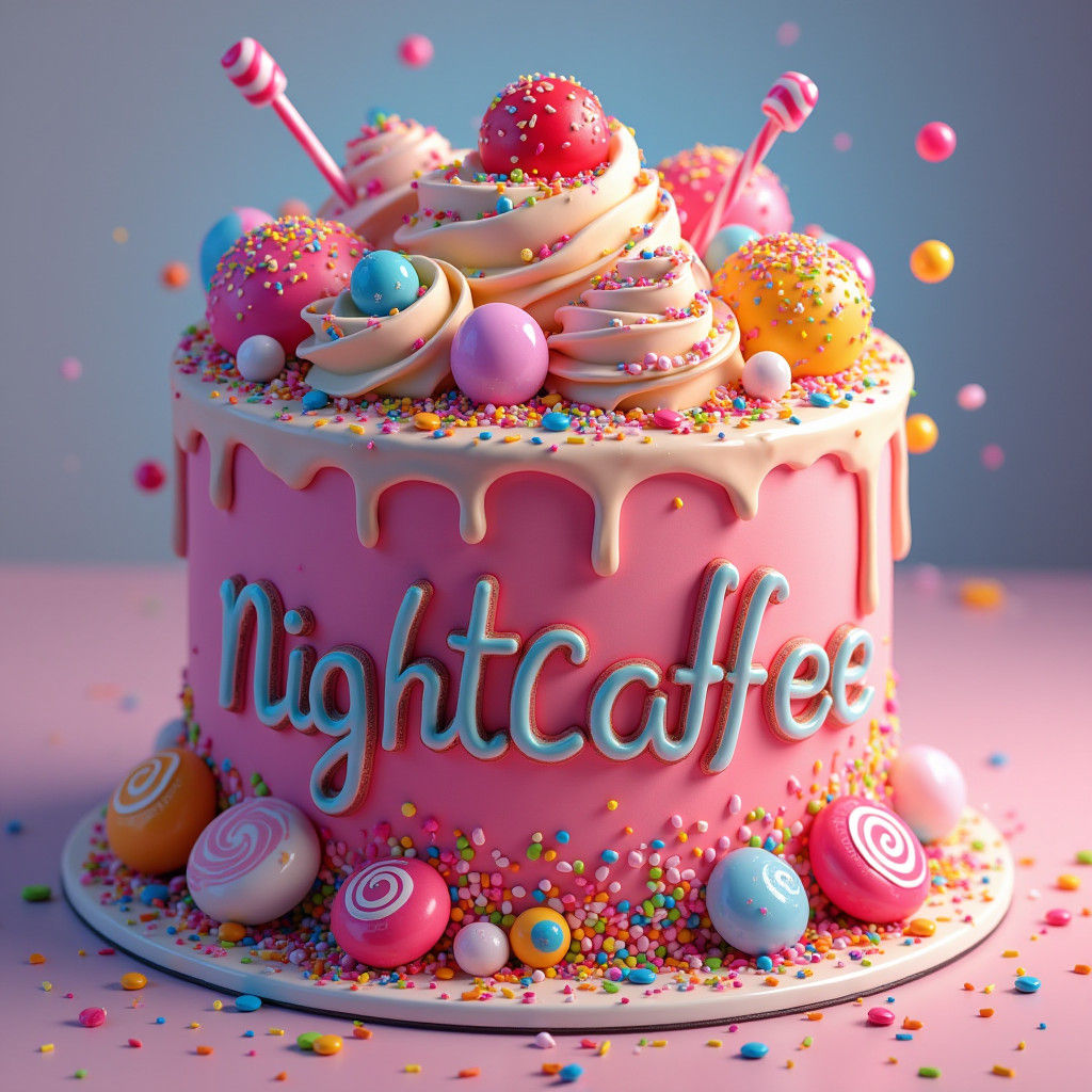 Colorful Candy Cake with Swirling Script, Digital Illustrati...