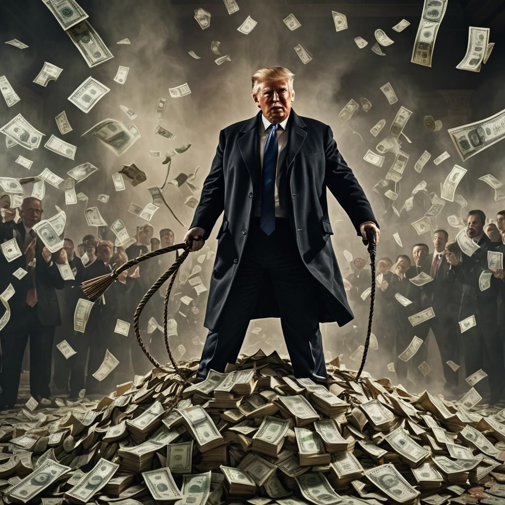 Trump standing on money holding a whip