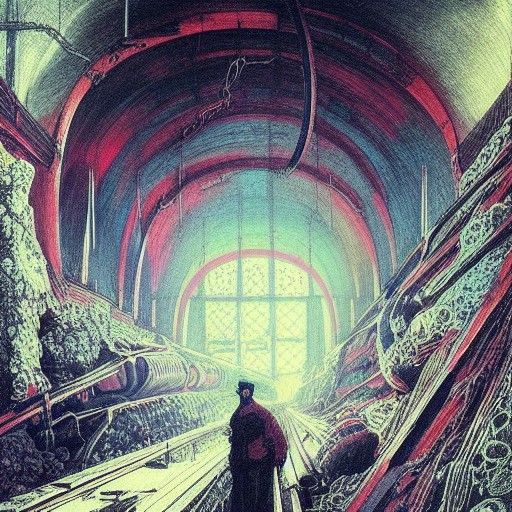 Railway going deep into a crystal mine vibrant colors gouach...