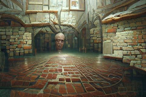 first person view entering a large square stone medieval int...