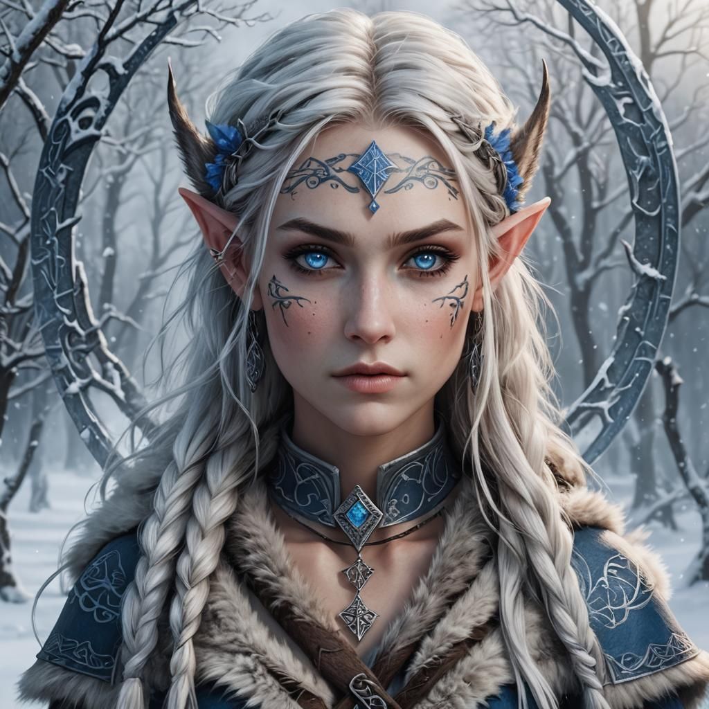 Beautiful Female Elf, Nordic, Cold, Winter, Fur, Rune tattoo...