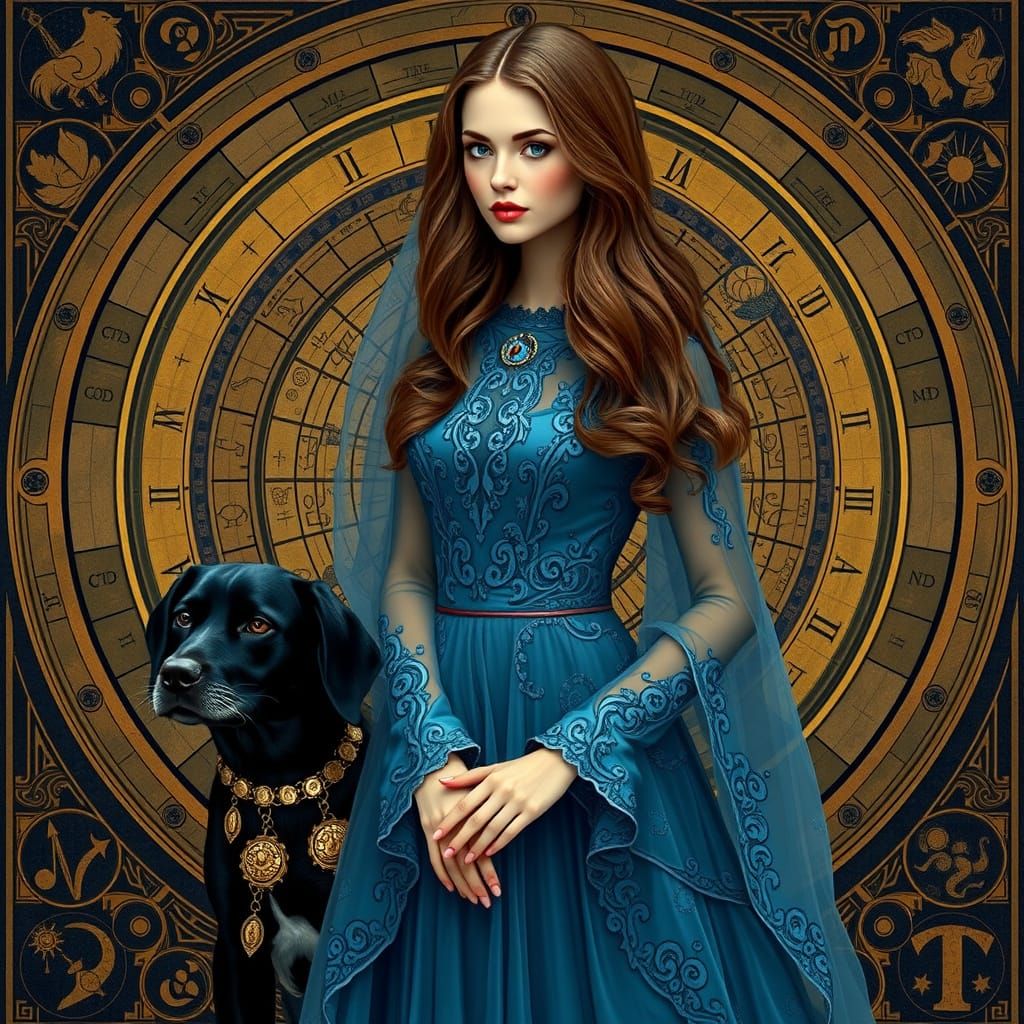 Elegant Woman with Dog in Mystical Style