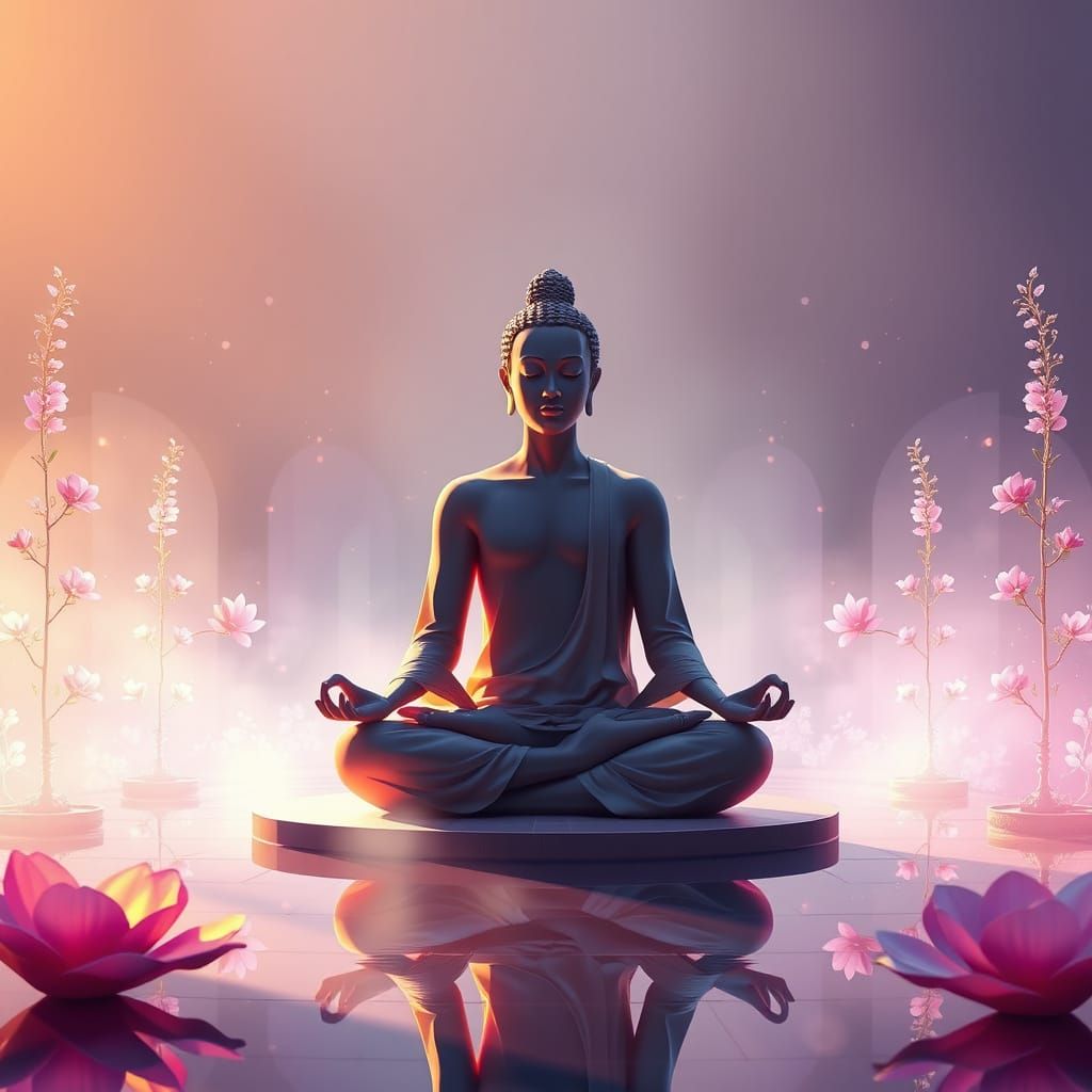 Enlightened Meditator in Vibrant Bauhaus Oasis