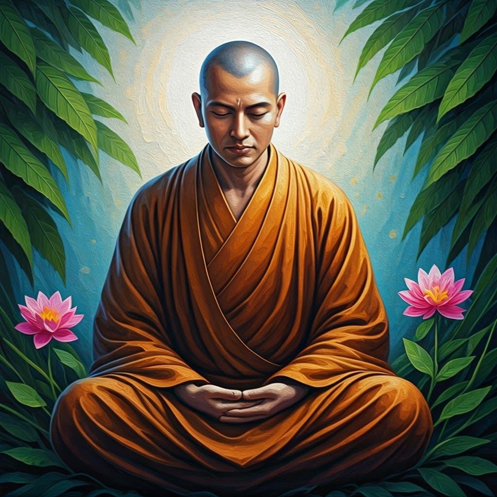 Serene Buddhist Monk in Lush Contemplative Garden