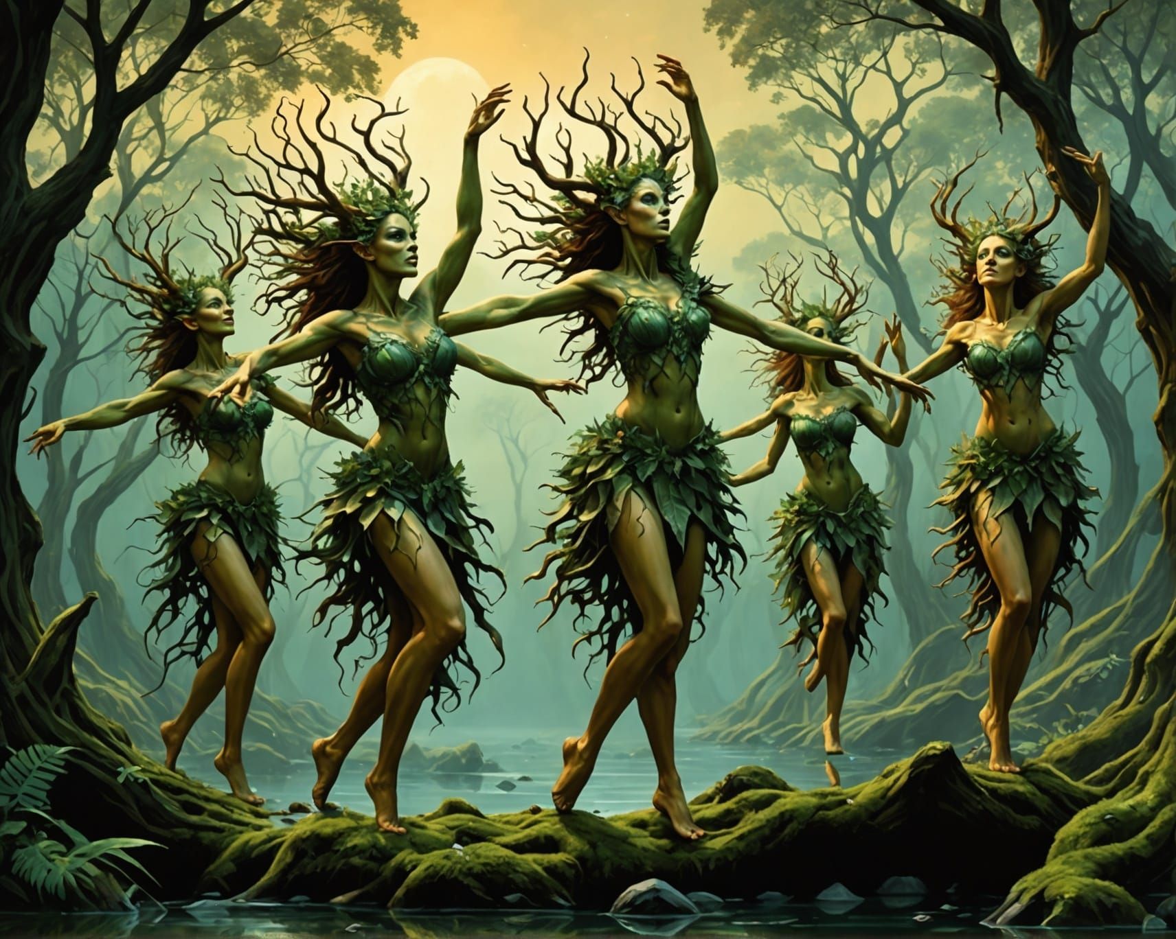 The sirens of Titan cavorting around a lake of ethane in from of water ice mountains 