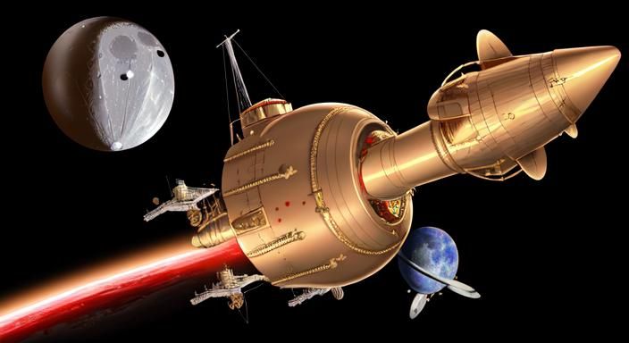 In orbit around the moon, steampunk, a blimp, gold, red, 4k - AI ...