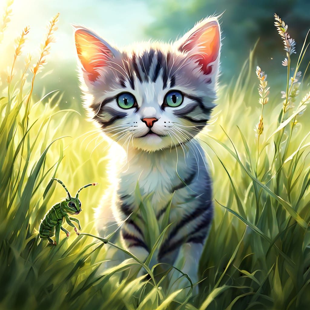 kitten and a grasshopper in the grassy field