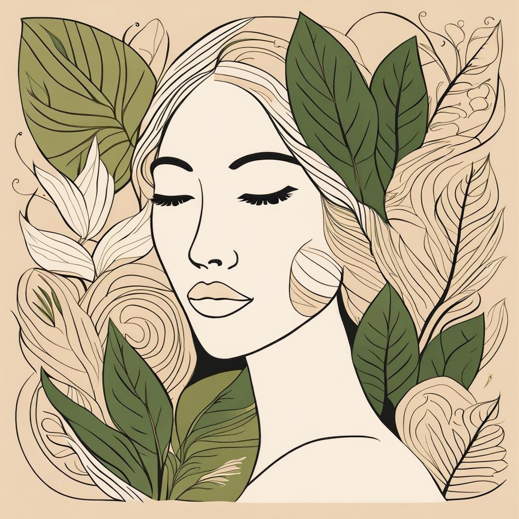 a woman's face with many different patterns of leaves and fl...