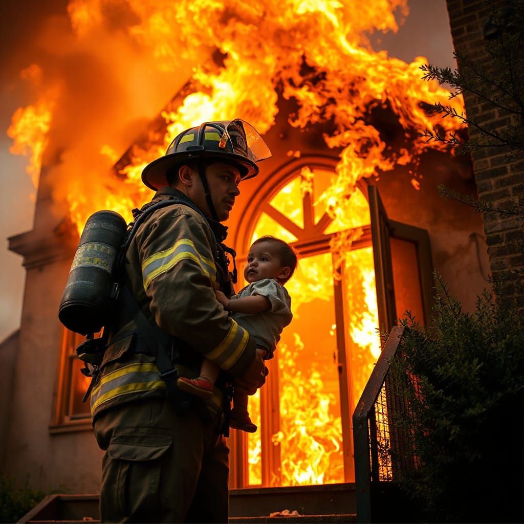 Courage displayed by a firefighter rescuing a child from a burning church building with lots of flames ...  by @Paige Seale